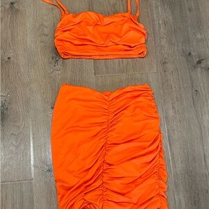 Vibrant Orange Ruched Two-Piece Set